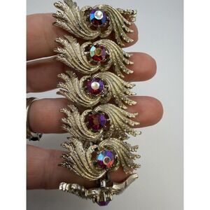 Vintage Coro Pegasus Wide Bracelet Red AB Rhinestone Gold Tone Mid Century